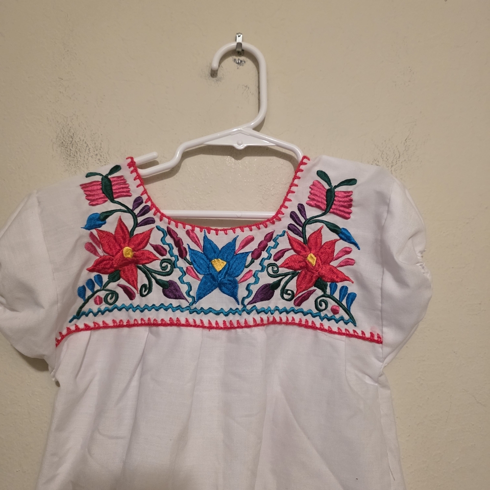 Mexican Colorful Floral Embroidered White Kids Blouse Size 4T - Picture 3 of 8